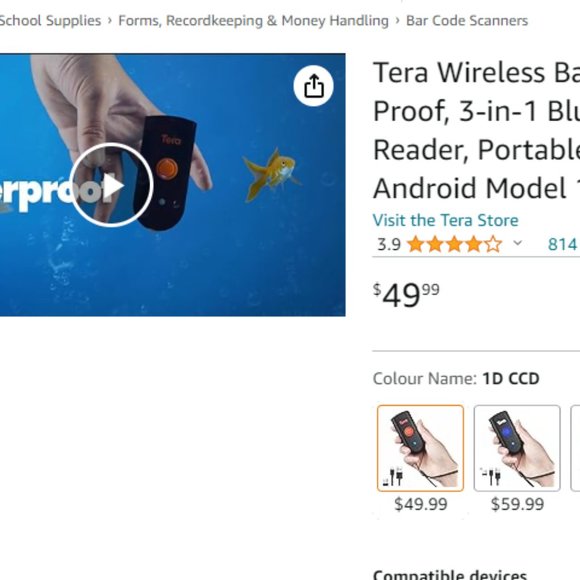 Tera Wireless Barcode Scanner, Mini Pocket 1D Scanner, Water Proof, 3-in-1 - Picture 2 of 6